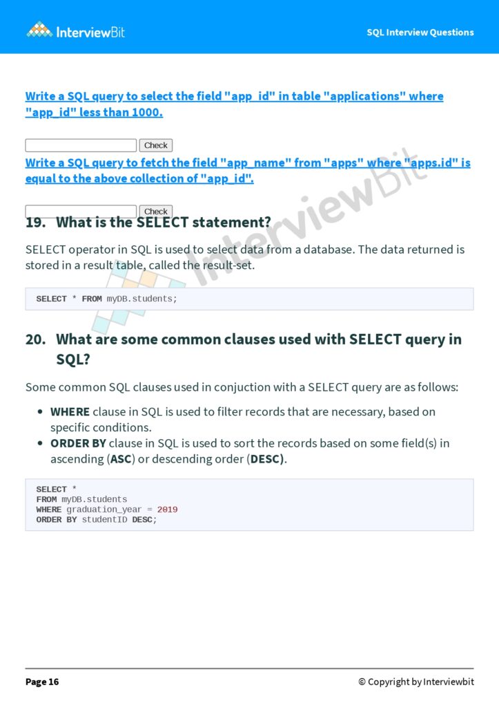 66 SQL Interview Questions (PDF)