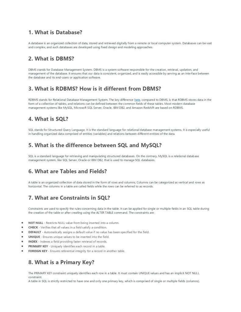 DBMS and SQL Questions and Answers