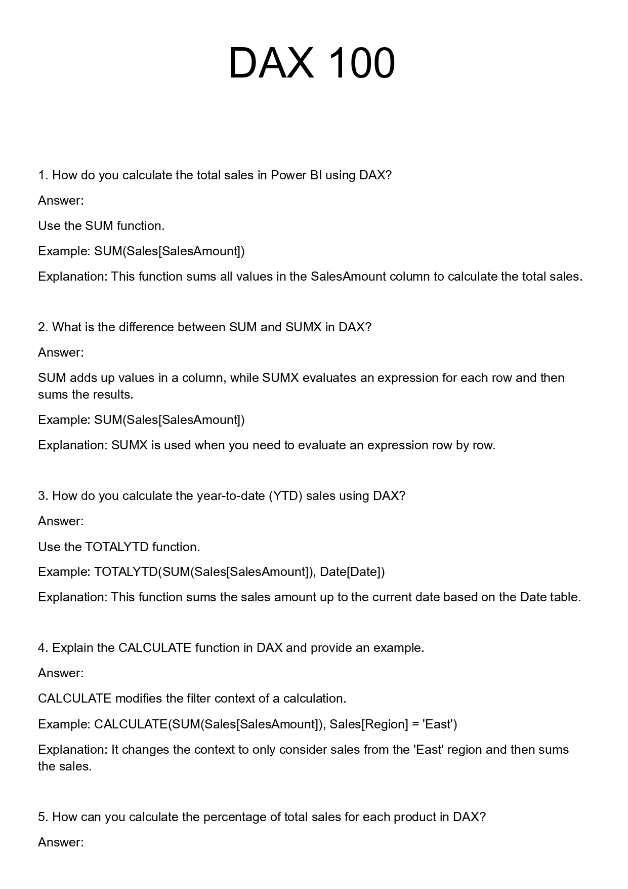 Top 100 DAX Interview Questions and Answers PDF