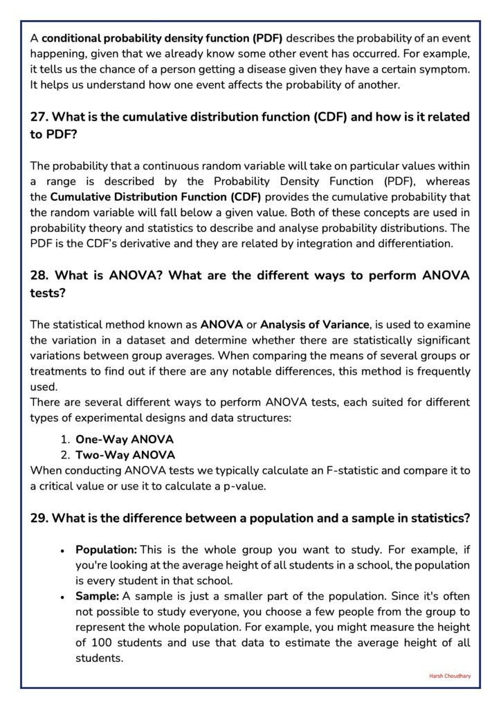 Educational page showing statistical concepts: defines PDF and CDF, with a question about CDF, then introduces ANOVA (One-Way, Two-Way) and related topics, plus explanatory paragraphs and a small author name at the bottom right.