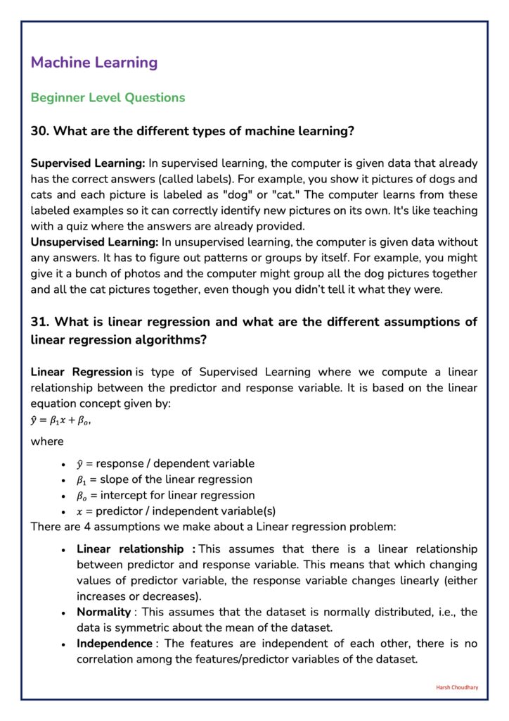 Page titled 'Machine Learning: Beginner Level Questions' with explanations of supervised vs. unsupervised learning and introductory ML topics.