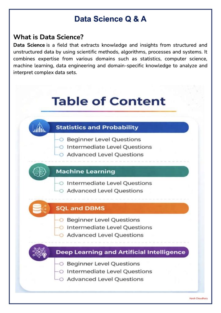 Data Science Q&A slide showing the question 'What is Data Science?' and a colorful 'Table of Content' with major topics.