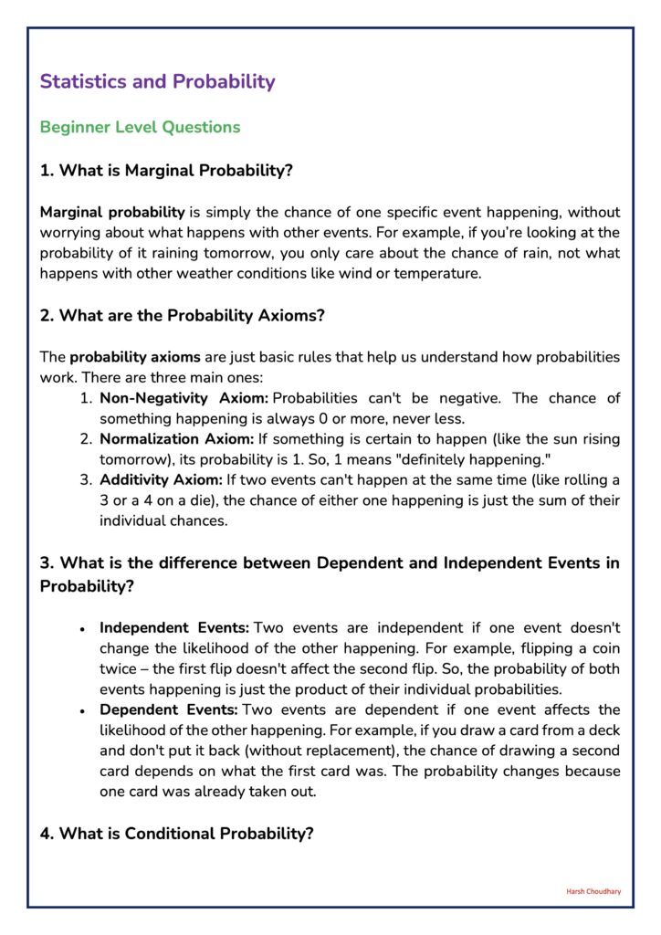 Page header: 'Statistics and Probability' with subheading 'Beginner Level Questions' and the first two questions on marginal probability and probability axioms.
