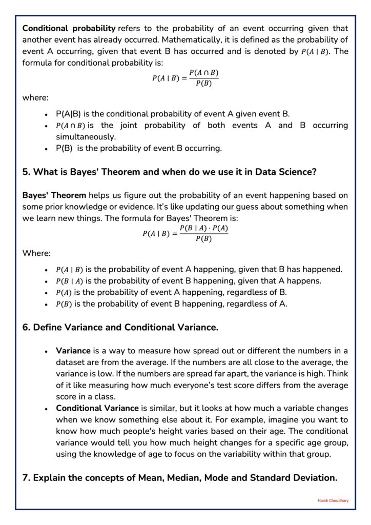 Page of statistics notes explaining conditional probability and Bayes' Theorem, with formulas and bullet definitions.