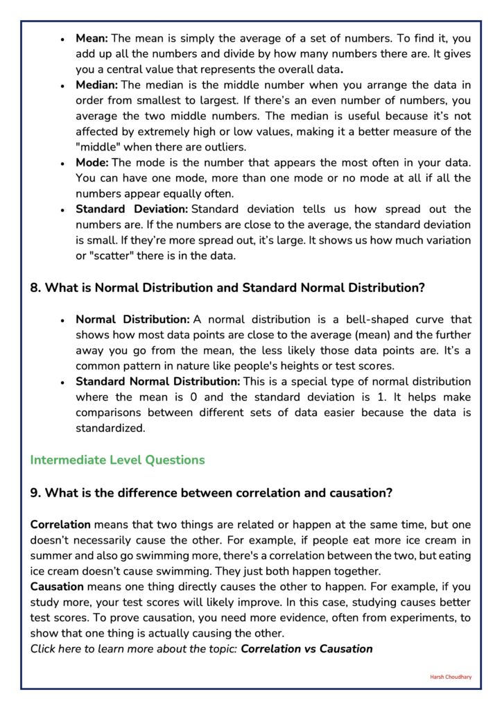 Page with bullet definitions of mean, median, mode, standard deviation, and an intro to normal distribution.