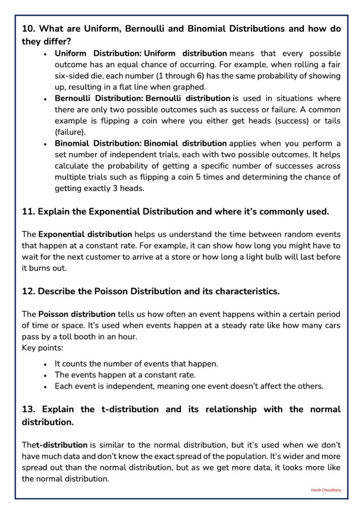 Page of notes defining Uniform, Bernoulli, and Binomial Distributions with bullet explanations and examples.