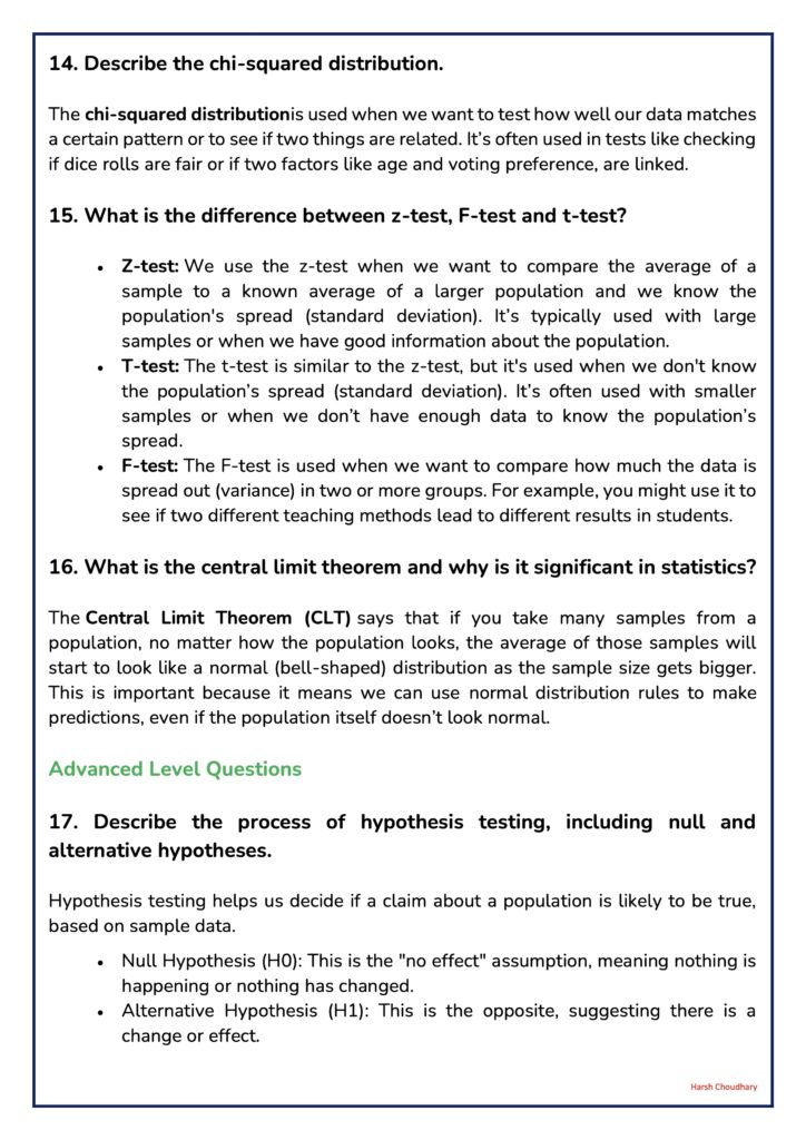 Page of statistics notes: Question 14 explains chi-squared distribution; Question 15 compares z-test, t-test, and F-test with bullet definitions.
