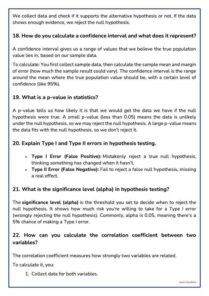 Page of statistics notes explaining confidence intervals and p-values (items 18–22)./