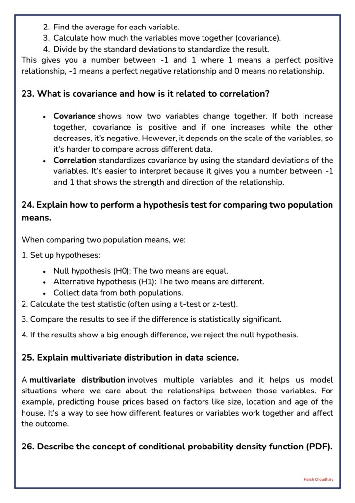 Page of statistics notes: covariance and correlation explanations with bullets and section numbers.