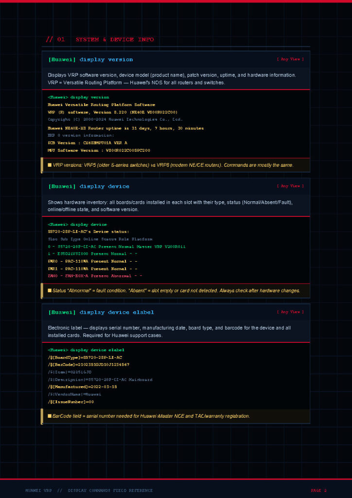 Screenshot of a Huawei VRP interface showing system & device info panels in a dark terminal-style UI with blue text and red accents.