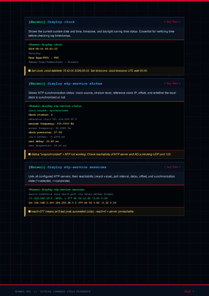 Screenshot of a dark terminal UI showing Huawei commands: display clock, NTP service status, and NTP service sessions with colored logs and timestamps.