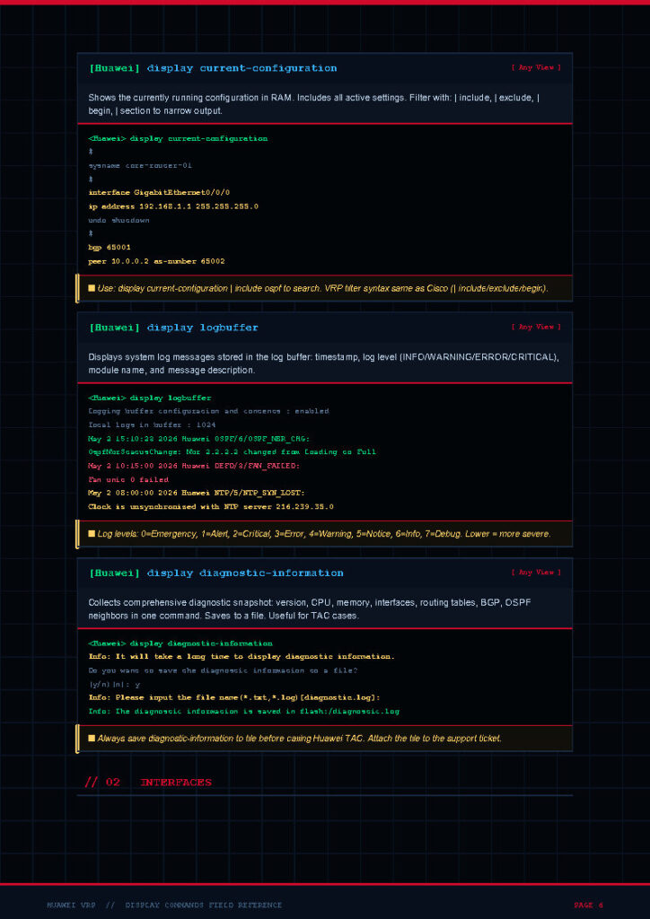 Screenshot of a Huawei network device CLI showing current configuration sections (display current-configuration, display logbuffer, display diagnostic-information) with colored syntax on a dark terminal background.