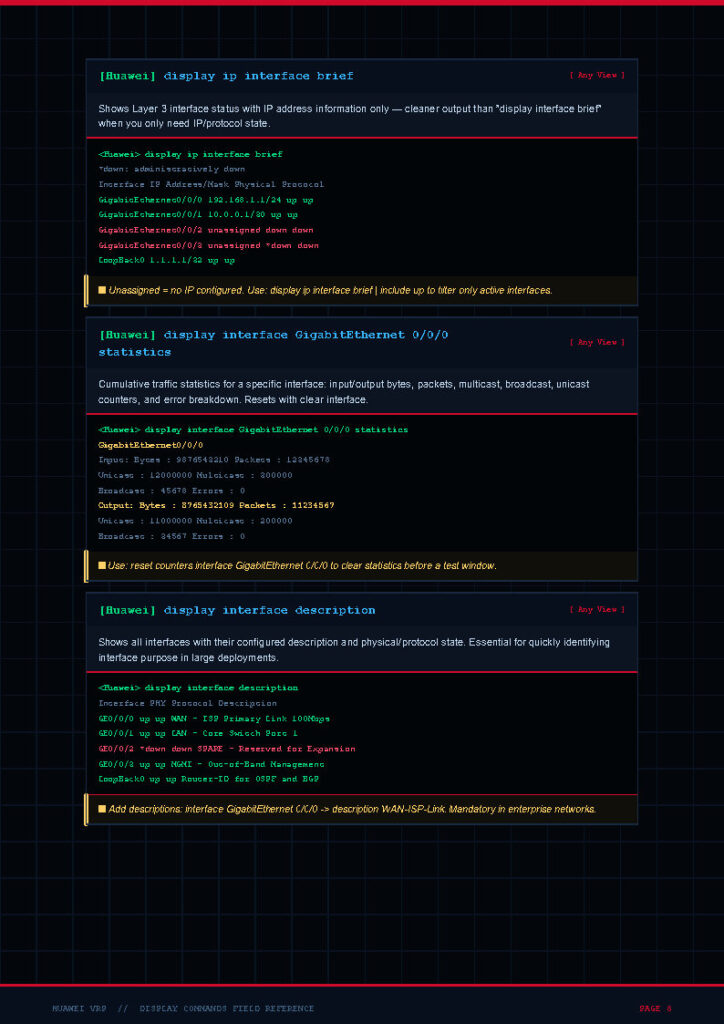 Huawei display IP interface brief showing multiple sections with status lines on a dark terminal UI.