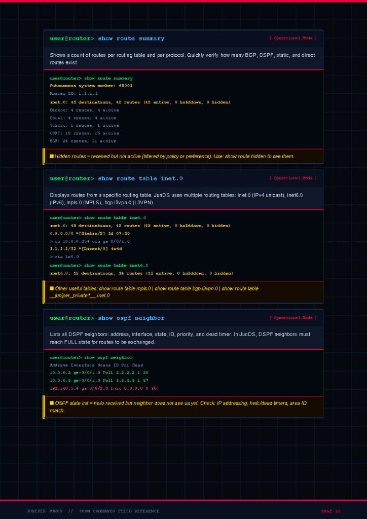 Screenshot of a JunOS router CLI showing route summary, inet.0 table details, and OSPF neighbor information in a dark themed terminal