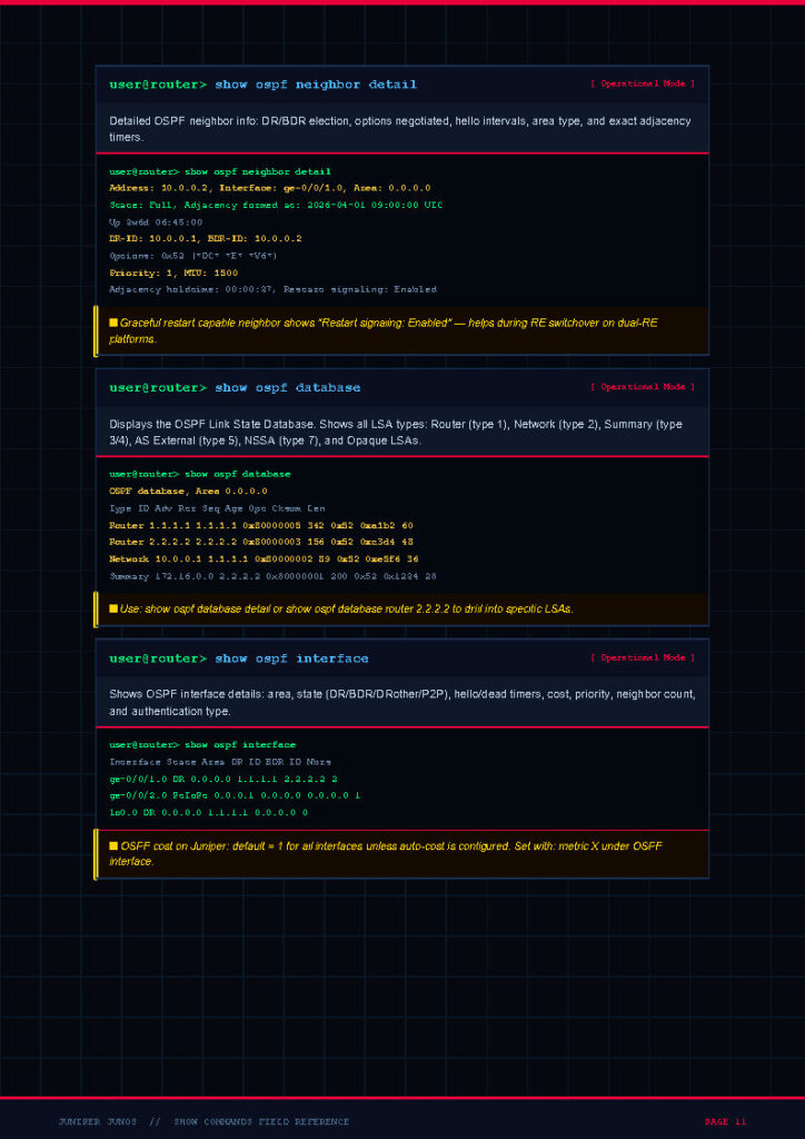Screenshot of a terminal showing OSPF information: neighbor detail, database, and interface data with highlighted warnings in yellow boxes.