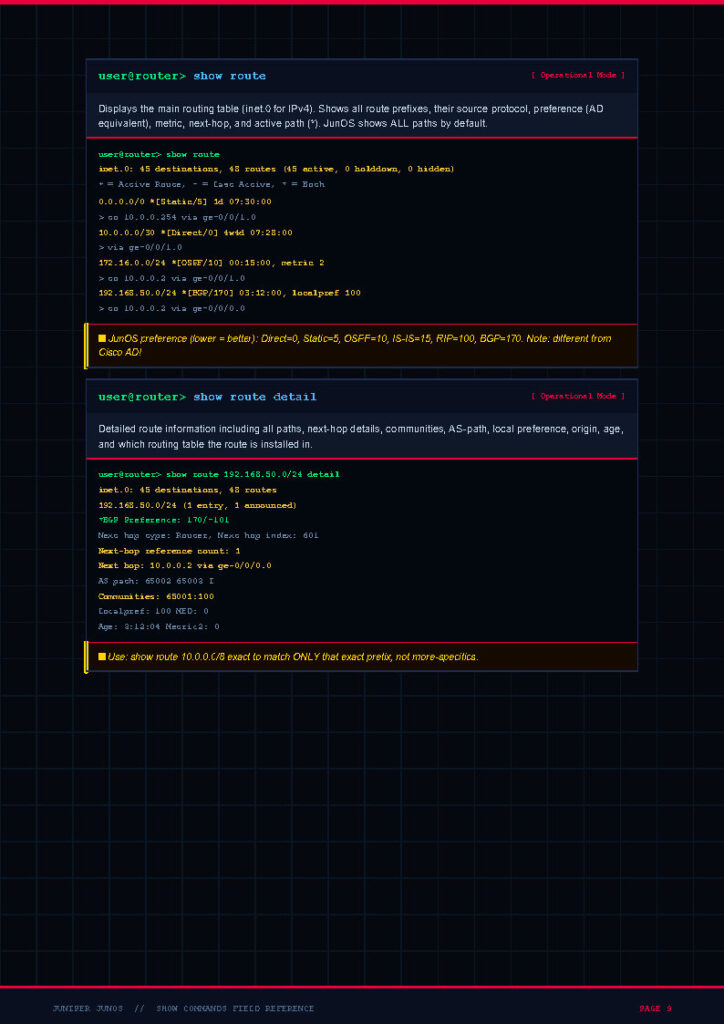 Screenshot of a network router CLI showing routing tables and a highlighted warning panel. Command: 'show route' with destinations and details visible in colored text blocks (cyan, yellow, green) on a dark grid background.