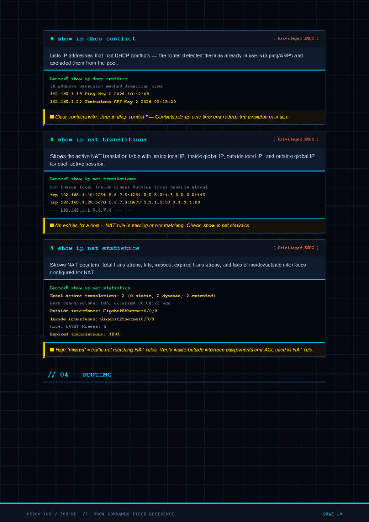 Network device CLI output showing DHCP conflict details, NAT translations, and NAT statistics on a dark themed screen.