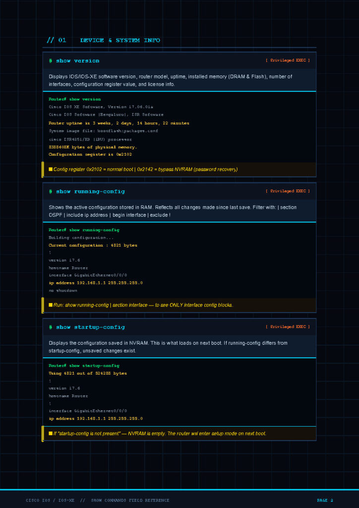 Screenshot of a dark terminal interface showing Cisco IOS XE device info: show version, show running-config, and show startup-config sections with blue headings and orange warnings in a layered window.