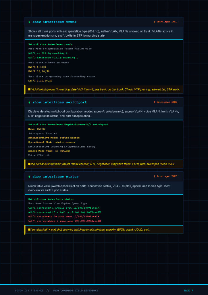 Screenshot of a Cisco IOS CLI guide page showing trunk interface commands and notes about VLANs and forwarding state.