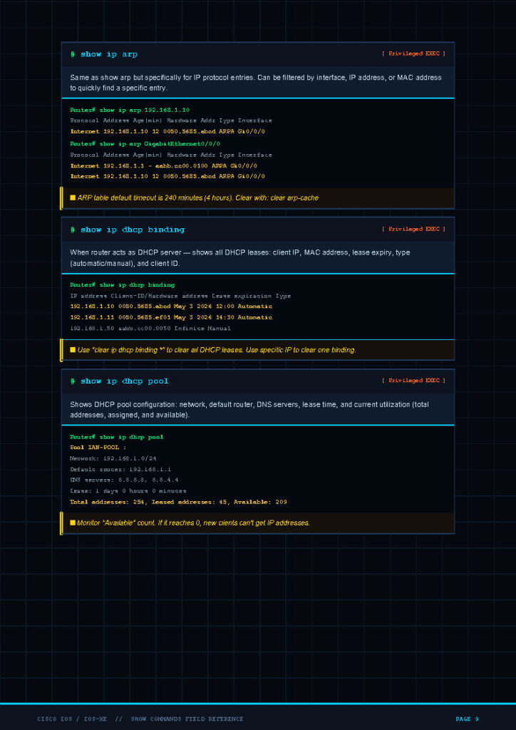Screenshot of a Cisco IOS CLI page showing ARP, DHCP binding, and DHCP pool sections with sample IP entries and notes on timeout and lease status.